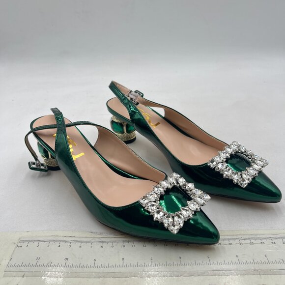 FSJ Green Crystal Square Buckle Pointed Toe Slingback Rhinestone Heel Pumps - Picture 4 of 8